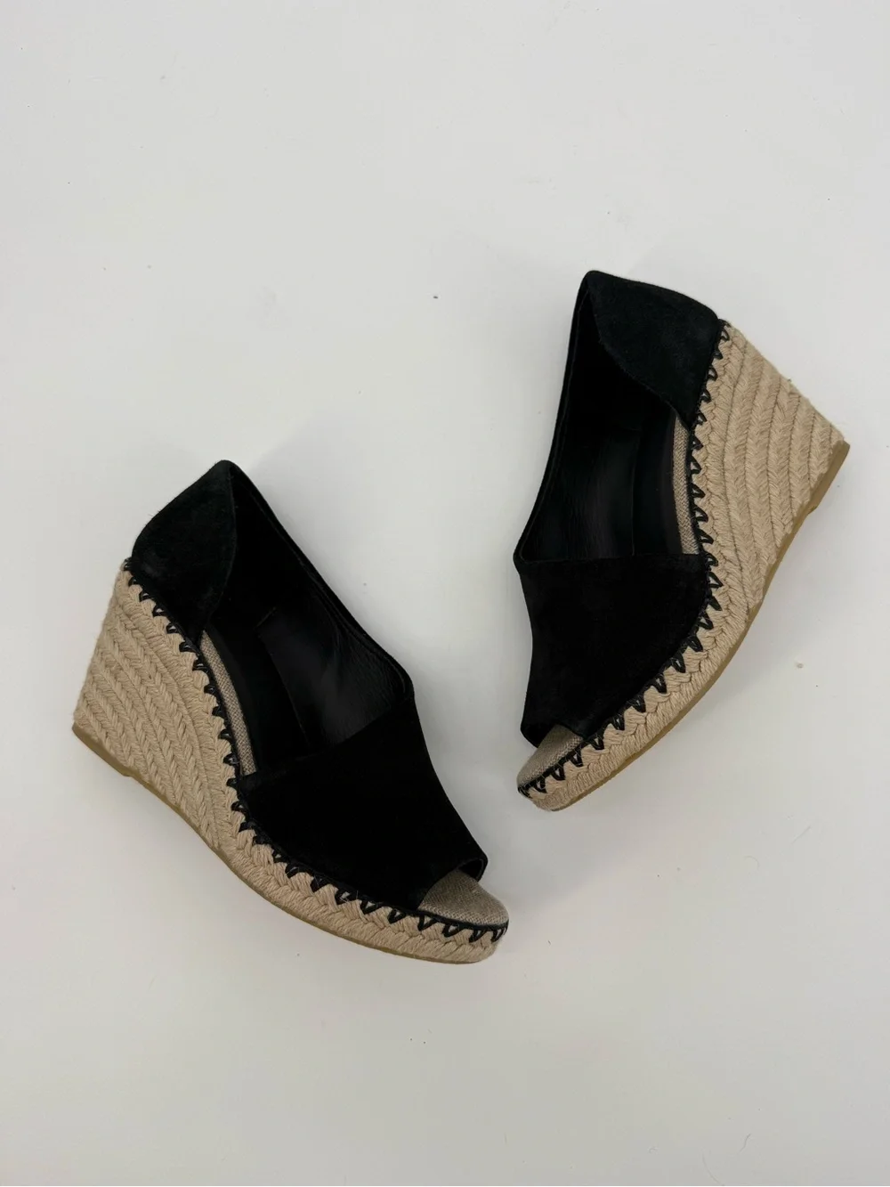 Vince Black Espadrille Wedges Suede Peep Toe Size 7.5M Designer Sonora Cutout